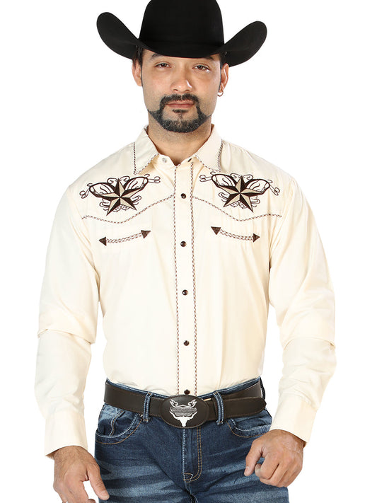 Camisa Vaquera de Hombre El Señor de los Cielos Manga Larga Bordada Casual en 65% Poliéster 35% Algodón Color Beige/Negro 126684