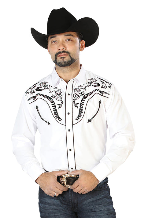 Camisa Vaquera de Hombre El Señor de los Cielos Manga Larga Bordada Casual en 65% Poliéster 35% Algodón Color Blanco/Negro 126692