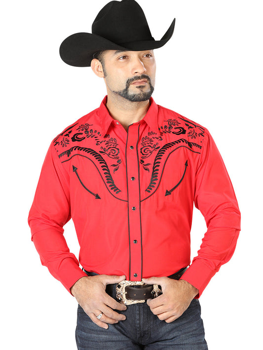 Camisa Vaquera de Hombre El Señor de los Cielos NO.10 Manga Larga Bordada en 65% Poliéster 35% Algodón Color Rojo 126693