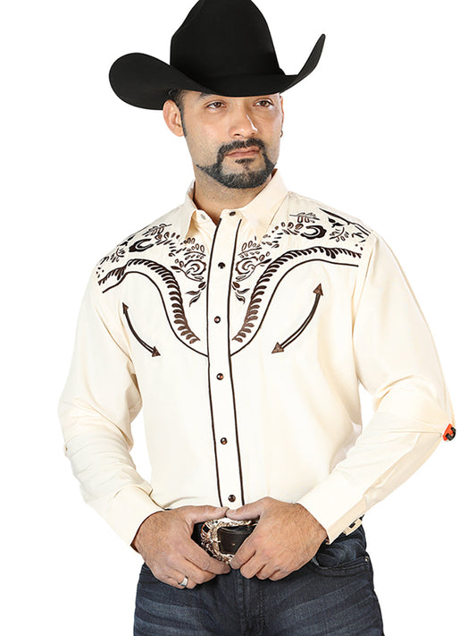 Camisa Vaquera de Hombre El Señor de los Cielos NO.10 Manga Larga Bordada en 65% Poliéster 35% Algodón Color Beige 126694