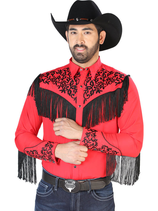 Camisa Vaquera de Hombre El Señor de los Cielos NO.12 Manga Larga Bordada en 65% Poliéster 35% Algodón Color Rojo 126699