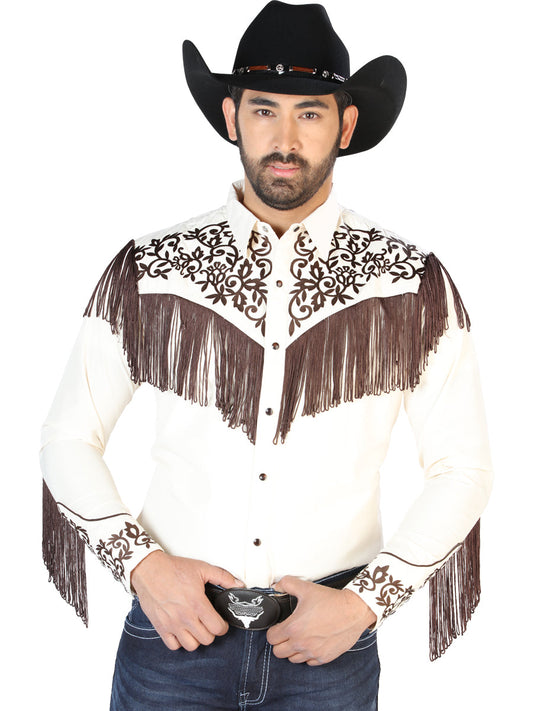Camisa Vaquera de Hombre El Señor de los Cielos NO.12 Manga Larga Bordada en 65% Poliéster 35% Algodón Color Beige 126700
