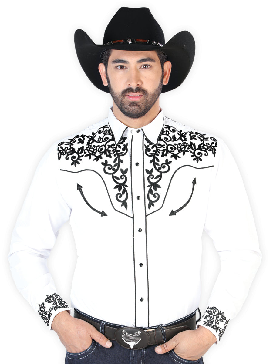 Camisa Vaquera de Hombre El Señor de los Cielos Manga Larga Bordada Casual en 65% Poliéster 35% Algodón Color Blanco/Negro 126702