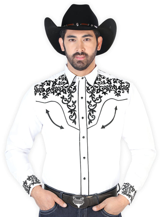 Camisa Vaquera de Hombre El Señor de los Cielos Manga Larga Bordada Casual en 65% Poliéster 35% Algodón Color Blanco/Negro 126702