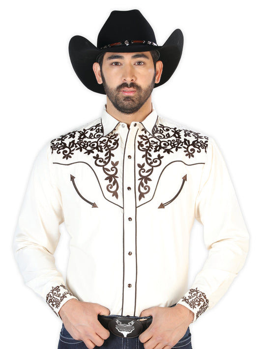 Camisa Vaquera de Hombre El Señor de los Cielos Manga Larga Bordada Casual en 65% Poliéster 35% Algodón Color Beige/Dorado 126703