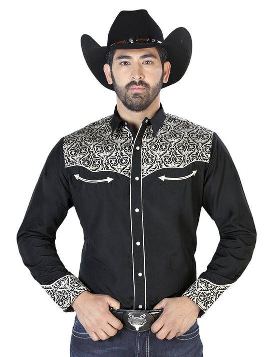 Camisa Vaquera de Hombre El Señor de los Cielos Manga Larga Bordada Casual en 65% Poliéster 35% Algodón Color Negro/Beige 126704