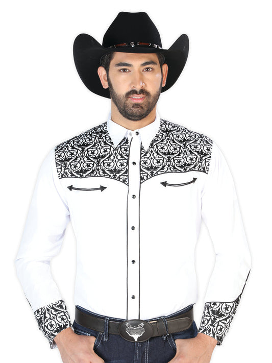 Camisa Vaquera de Hombre El Señor de los Cielos Manga Larga Bordada Casual en 65% Poliéster 35% Algodón Color Blanco/Negro 126705