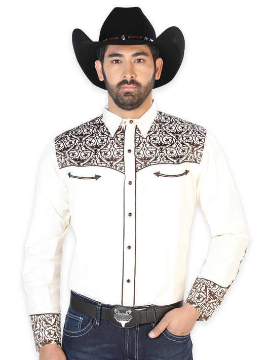 Camisa Vaquera de Hombre El Señor de los Cielos Manga Larga Bordada Casual en 65% Poliéster 35% Algodón Color Beige/Dorado 126706