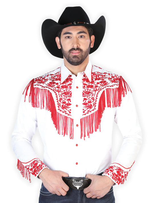 Camisa Vaquera de Hombre El Señor de los Cielos Manga Larga Bordada Casual en 65% Poliéster 35% Algodón Color Blanco/Rojo 126708