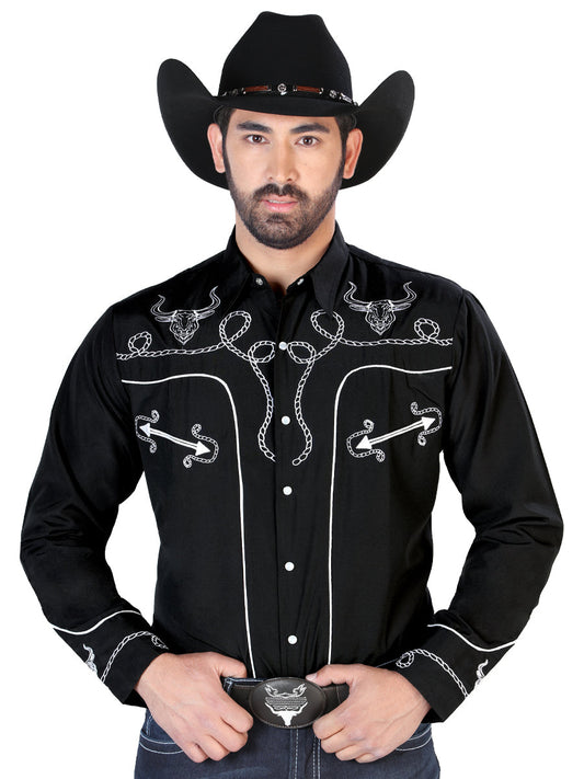 Camisa Vaquera de Hombre El Señor de los Cielos Manga Larga Bordada Casual en 65% Poliéster 35% Algodón Color Negro/Blanco 126711