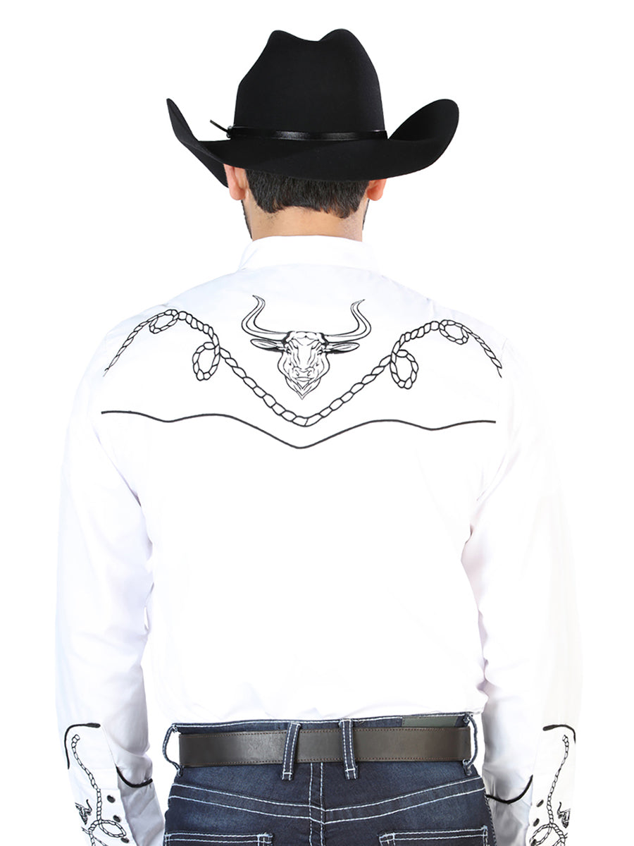 Camisa Vaquera de Hombre El Señor de los Cielos Manga Larga Bordada Casual en 65% Poliéster 35% Algodón Color Blanco/Negro 126712