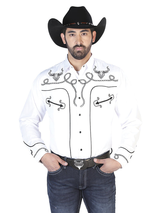 Camisa Vaquera de Hombre El Señor de los Cielos Manga Larga Bordada Casual en 65% Poliéster 35% Algodón Color Blanco/Negro 126712
