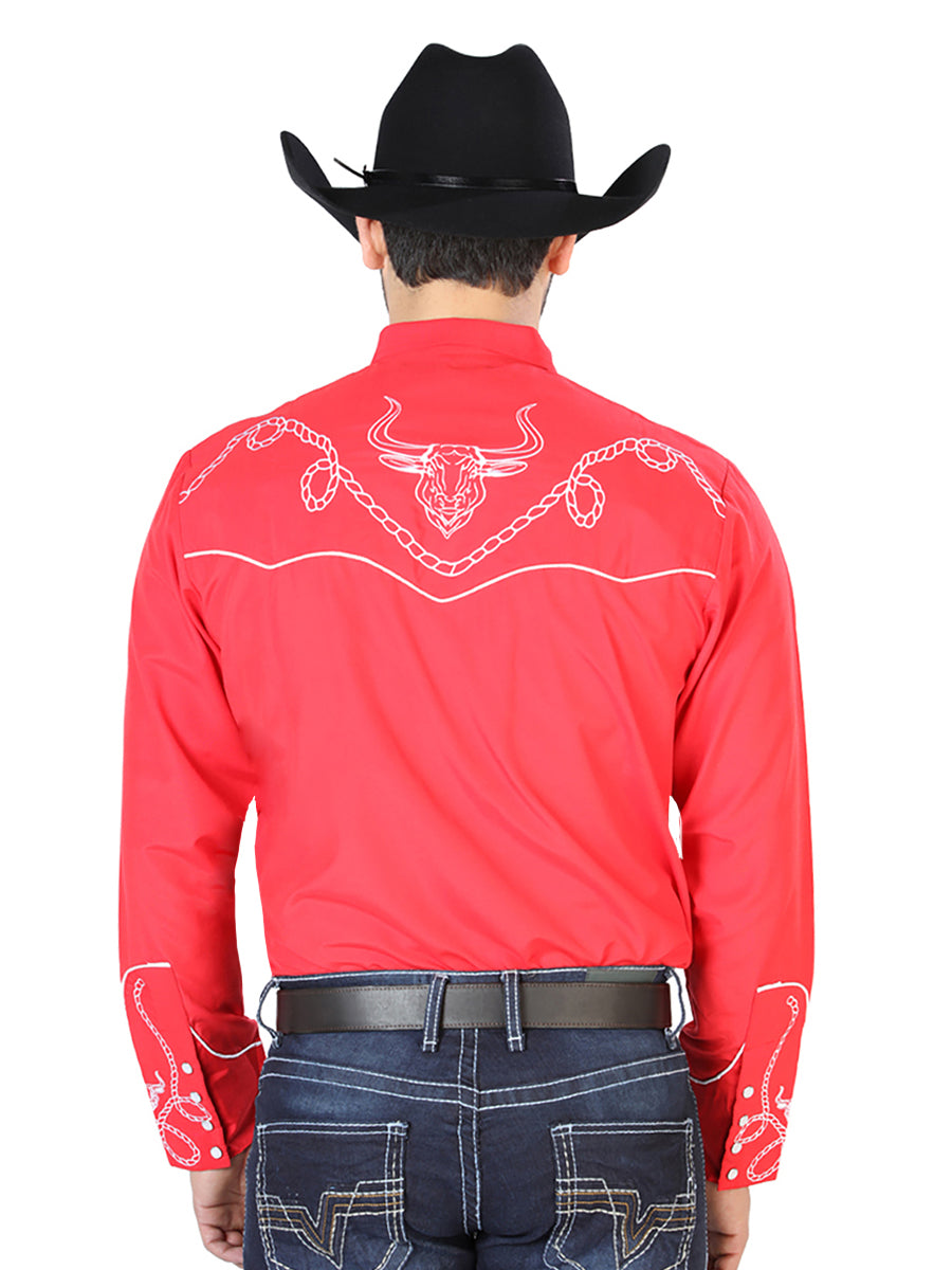 Camisa Vaquera de Hombre El Señor de los Cielos Manga Larga Bordada Casual en 65% Poliéster 35% Algodón Color Rojo/Blanco 126713