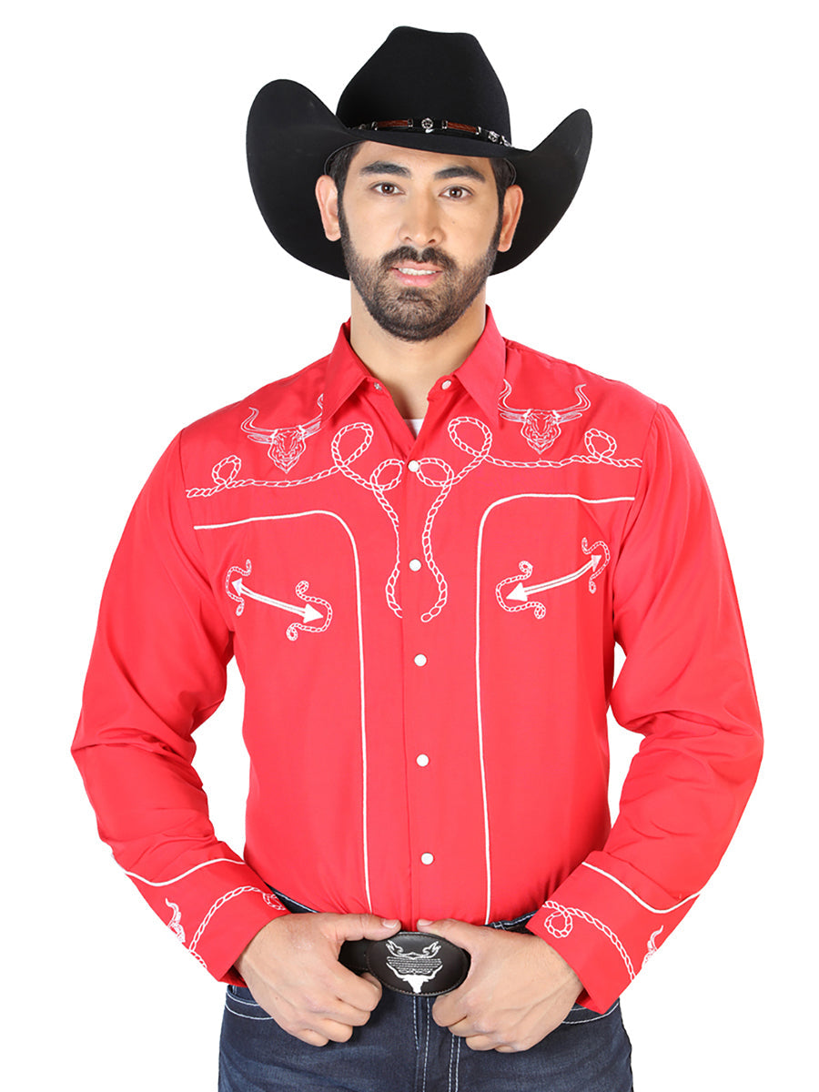 Camisa Vaquera de Hombre El Señor de los Cielos Manga Larga Bordada Casual en 65% Poliéster 35% Algodón Color Rojo/Blanco 126713