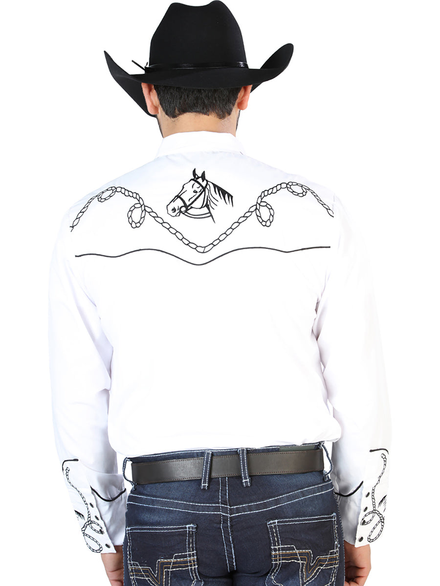 Camisa Vaquera de Hombre El Señor de los Cielos NO.17 Manga Larga Bordada en 65% Poliéster 35% Algodón Color Blanco 126715