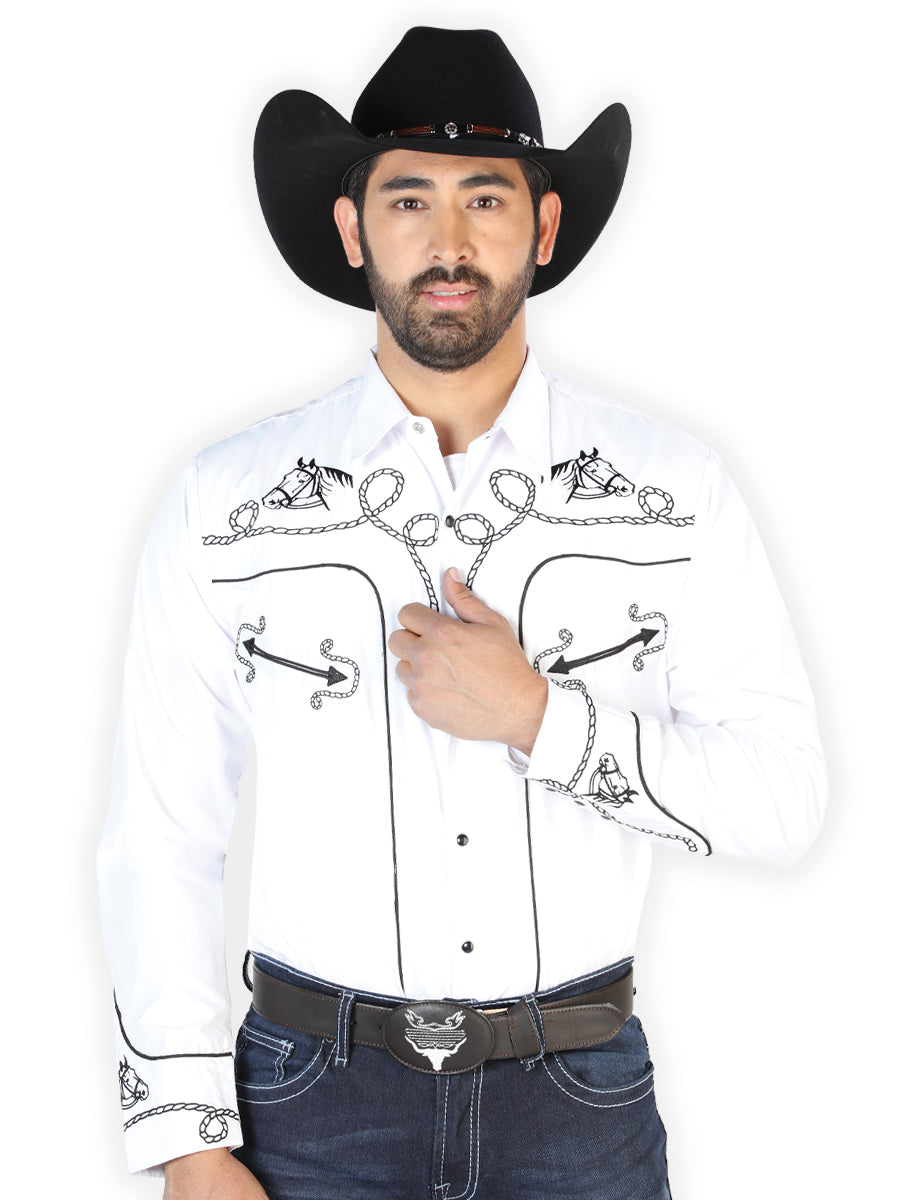 Camisa Vaquera de Hombre El Señor de los Cielos NO.17 Manga Larga Bordada en 65% Poliéster 35% Algodón Color Blanco 126715