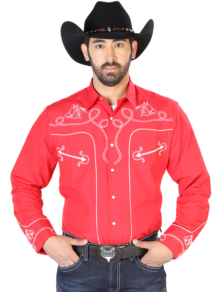 Camisa Vaquera de Hombre El Señor de los Cielos NO.17 Manga Larga Bordada en 65% Poliéster 35% Algodón Color Rojo 126716