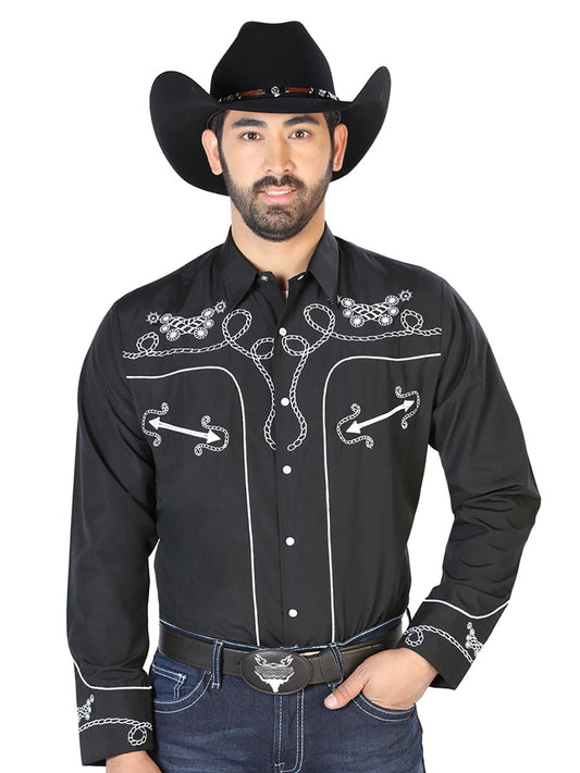 Camisa Vaquera de Hombre El Señor de los Cielos Manga Larga Bordada Casual en 65% Poliéster 35% Algodón Color Negro/Blanco 126717