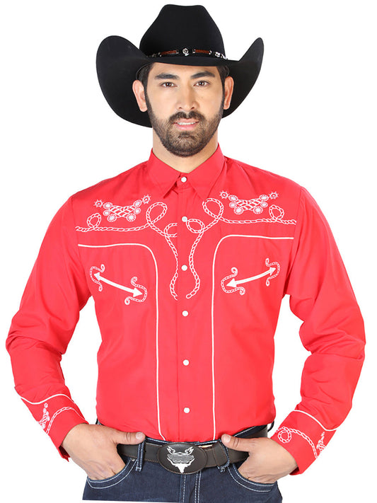 Camisa Vaquera de Hombre El Señor de los Cielos Manga Larga Bordada Casual en 65% Poliéster 35% Algodón Color Rojo/Blanco 126719