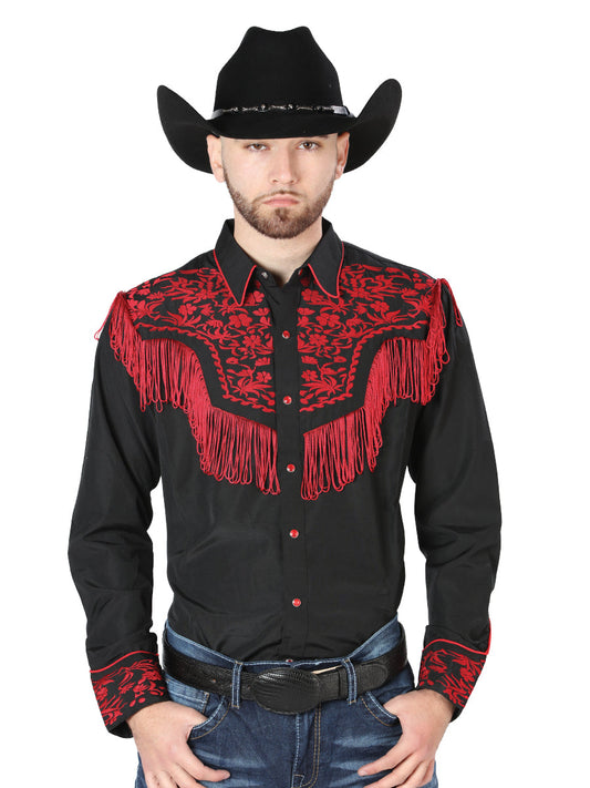 Camisa Vaquera de Hombre El Señor de los Cielos Manga Larga Bordada Casual en 65% Poliéster 35% Algodón Color Negro/Rojo 126726