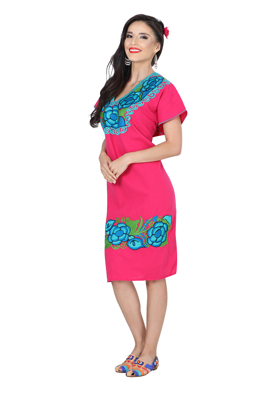 Vestido de Mujer México Artesanal Bordada Artesanal en 100% Algodón Color Rosa 601292