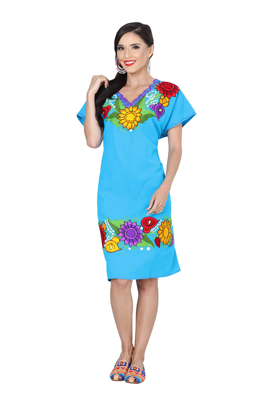 Vestido Zinacantan Mexico Artesanal Campesina 100% Algodon Azul 601293