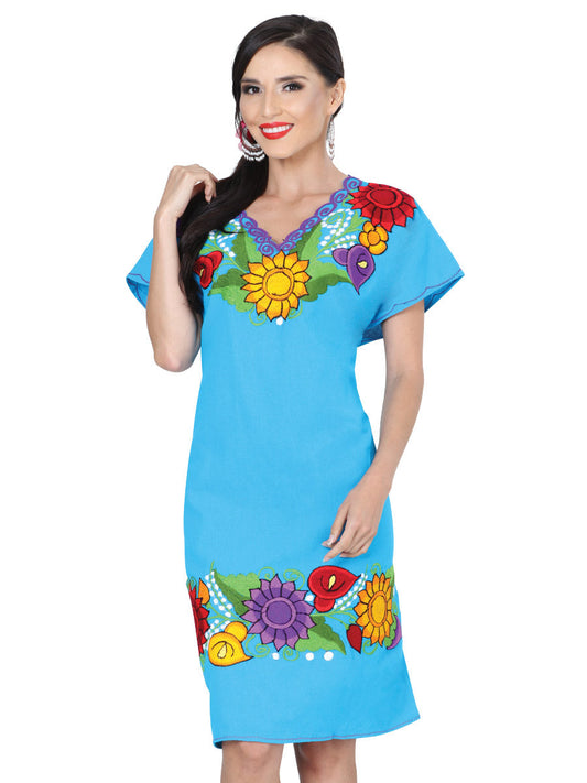 Vestido de Mujer México Artesanal Bordada Artesanal en 100% Algodón Color Azul 601293