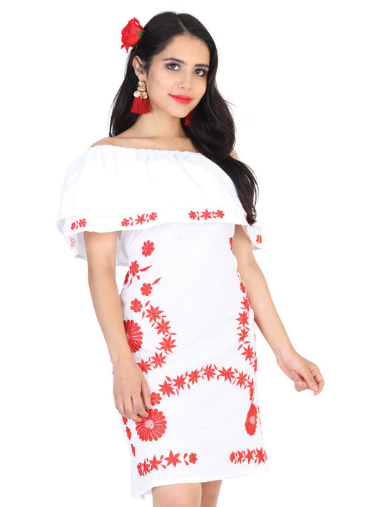 Vestido de Mujer México Artesanal Bordada Artesanal en 100% POPELINA Color Blanco/Rojo 601816