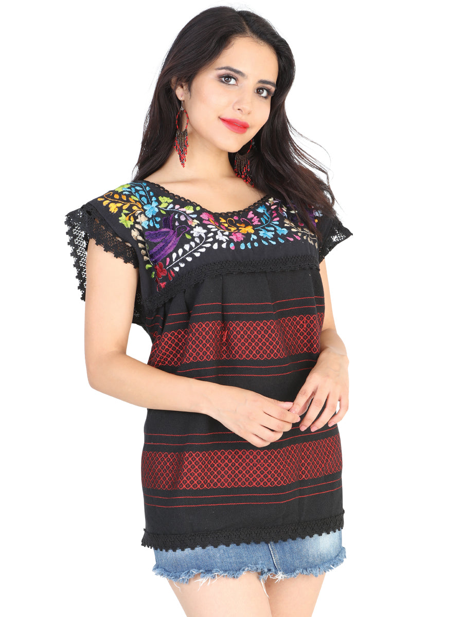 Camisa Casual de Mujer México Artesanal Bordada Artesanal en 50% Algodón 50% Poliéster Color Negro 601968