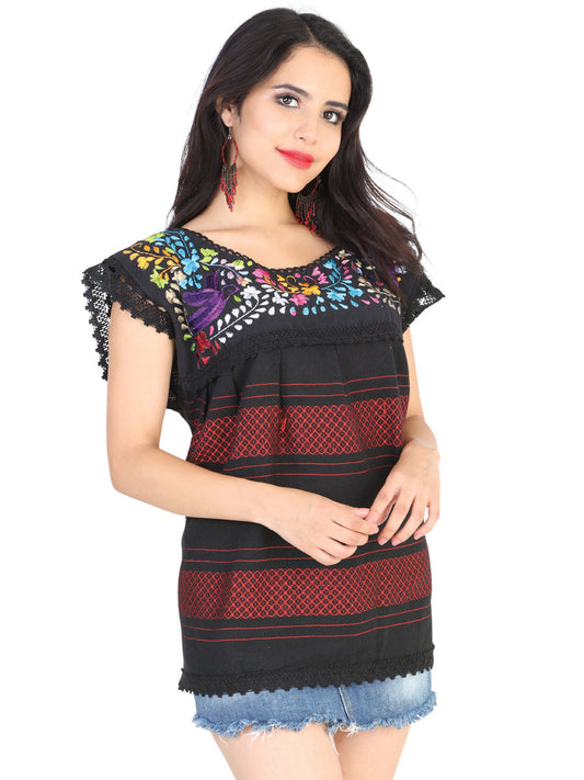 Camisa Casual de Mujer México Artesanal Bordada Artesanal en 50% Algodón 50% Poliéster Color Negro 601968