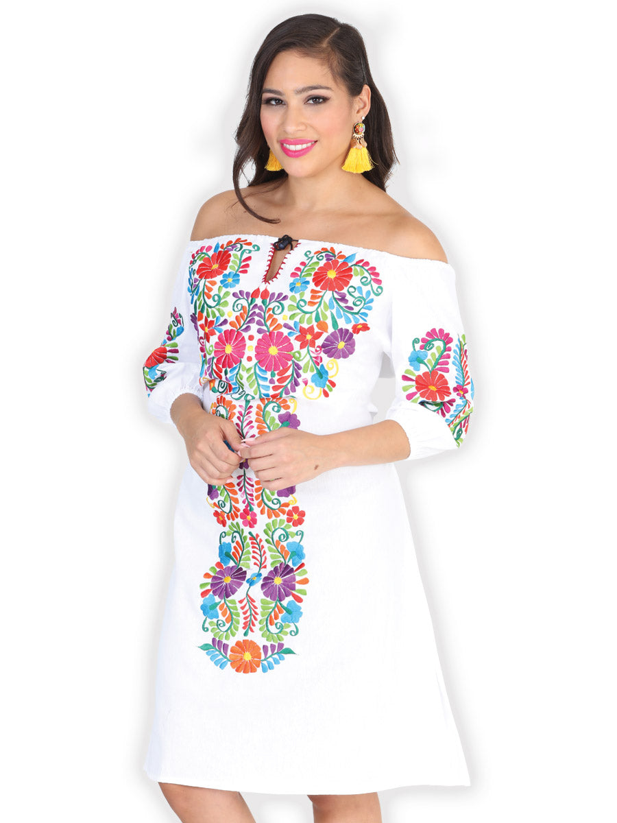 Vestido Mexico Artesanal Floral 50% 50% Blanco