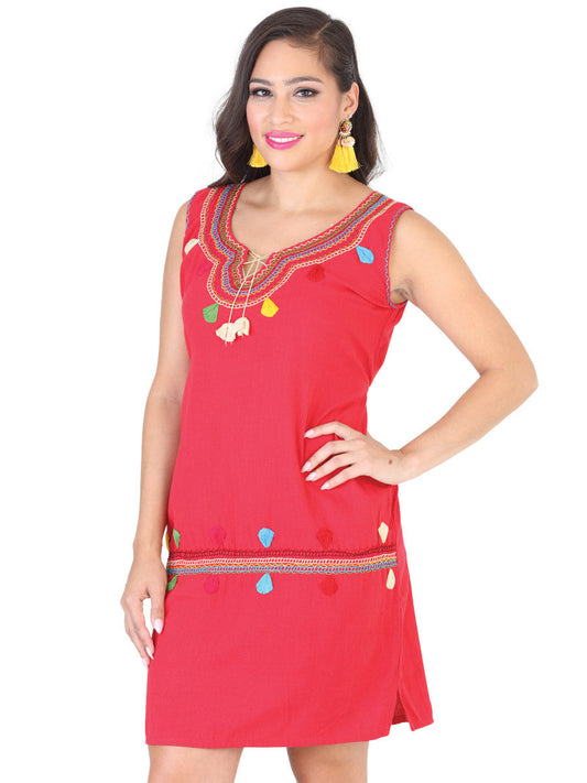 Vestido de Mujer México Artesanal Bordada Artesanal en 50% Algodón 50% Poliéster Color Rojo 601981