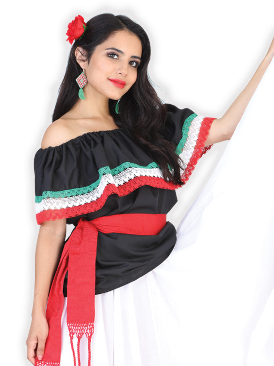 Blusa Campesina Mexico Artesanal Campesina % Popelina Negro/Tricolor