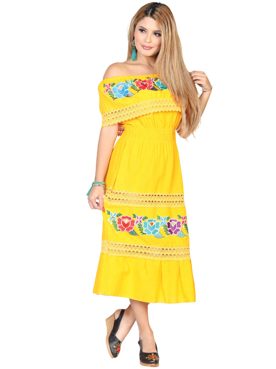 Vestido de Mujer México Artesanal Bordado/a Bordada Artesanal en 100% Algodón Color Amarillo 602434