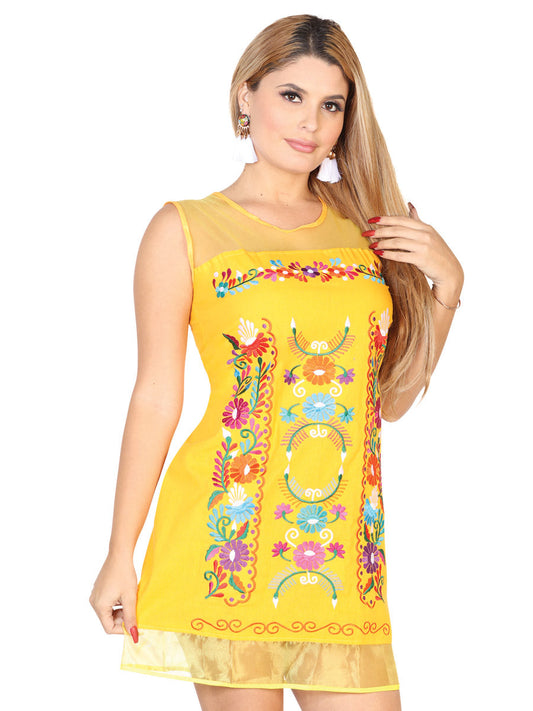 Vestido de Mujer México Artesanal Bordado/a Bordada Artesanal en 100% Algodón Color Amarillo 602448