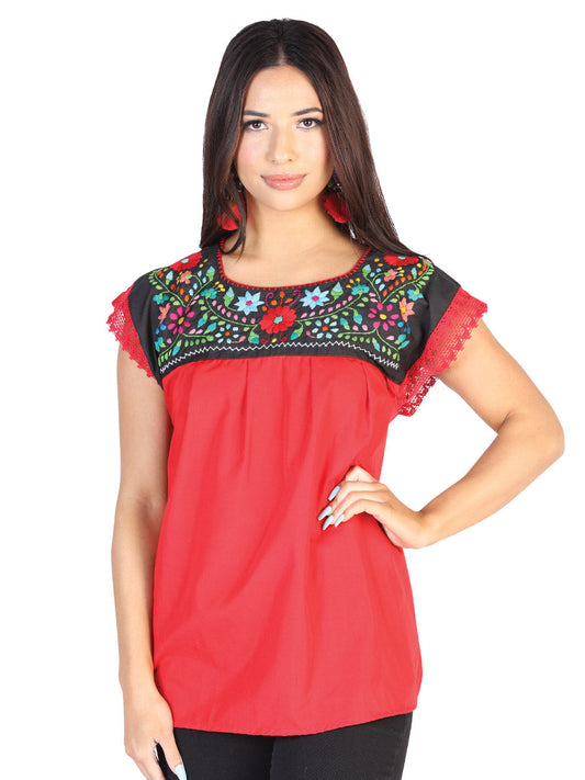 Camisa Casual de Mujer México Artesanal Bordada Artesanal en 50% Algodón 50% Poliéster Color Rojo 602463