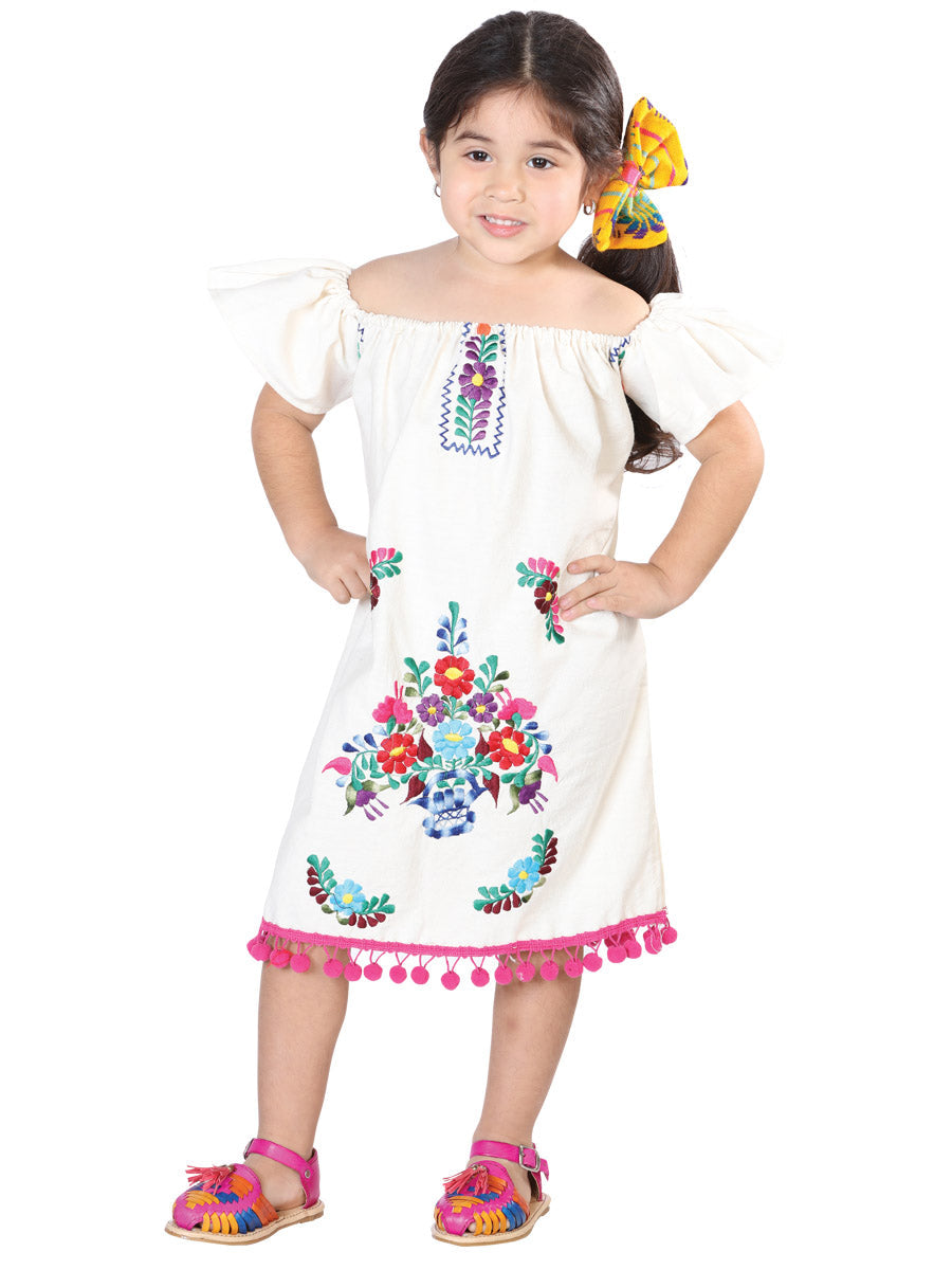 Vestido Mexico Artesanal Ponpon % Popelina Beige