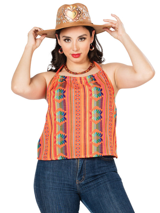 Camisa Casual de Mujer México Artesanal Cambaya-100 Bordada Artesanal en Cambaya-100% Algodón Color Naranja 603006