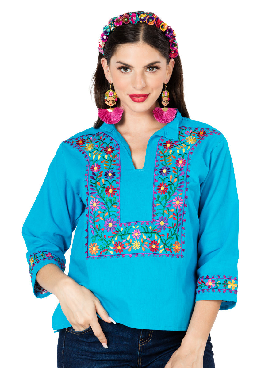 Artesanal Bordado Blusa % Azul