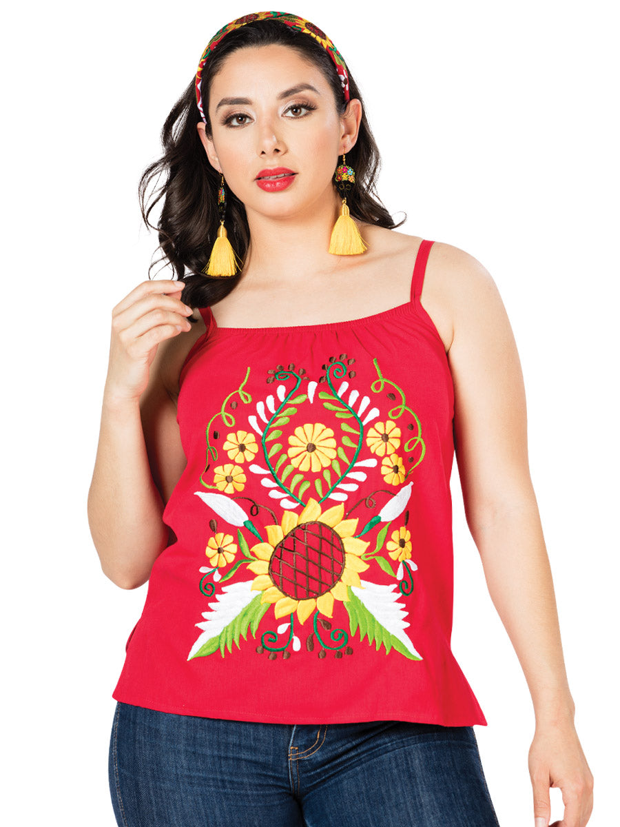 Artesanal Bordado Blusa % Rojo