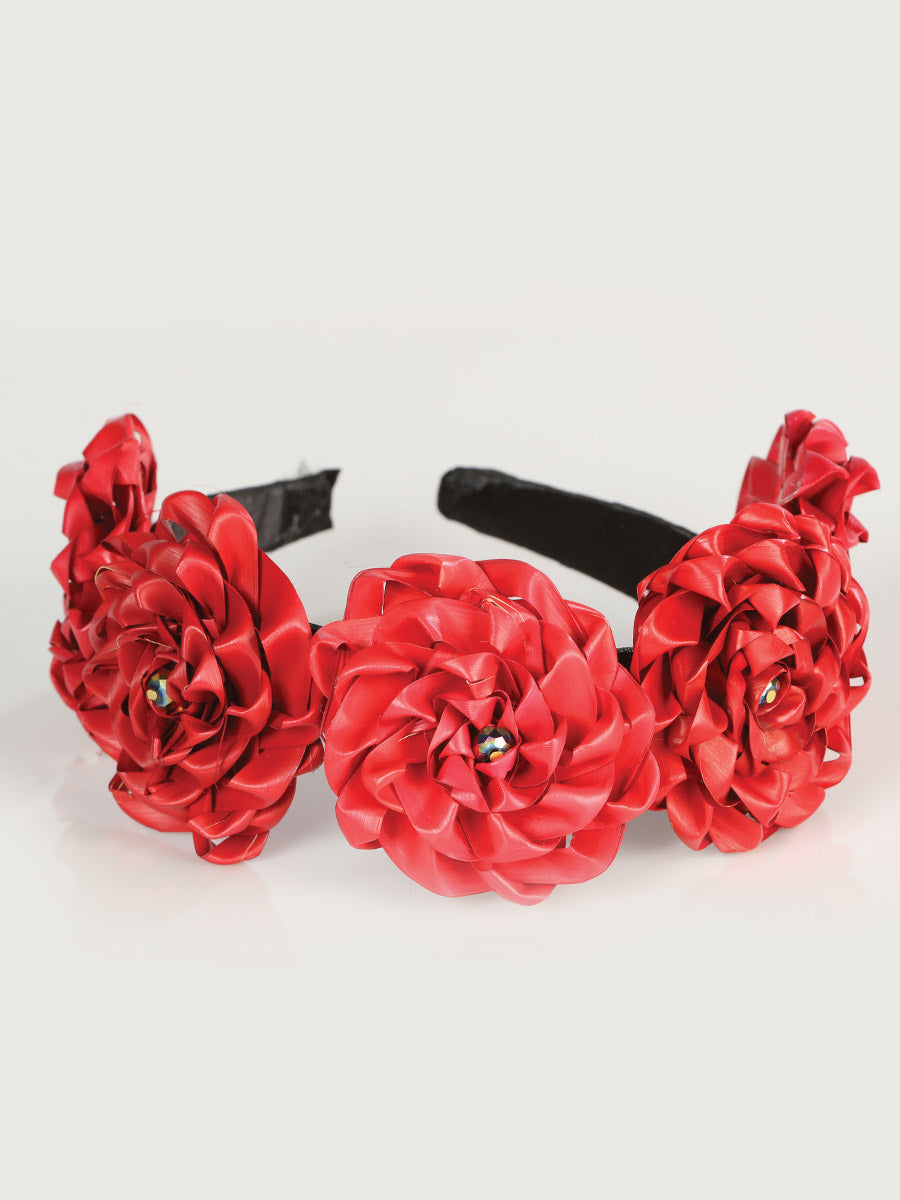 Diadema Mexico Artesanal Flor Grande % Palma Rojo