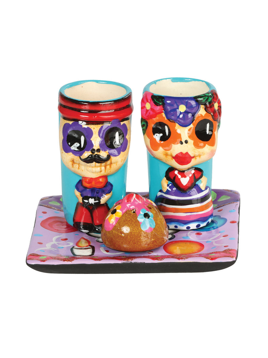 Articulo Hogar Mexico Artesanal Set Tequilero Catrines Ceramica Multicolor