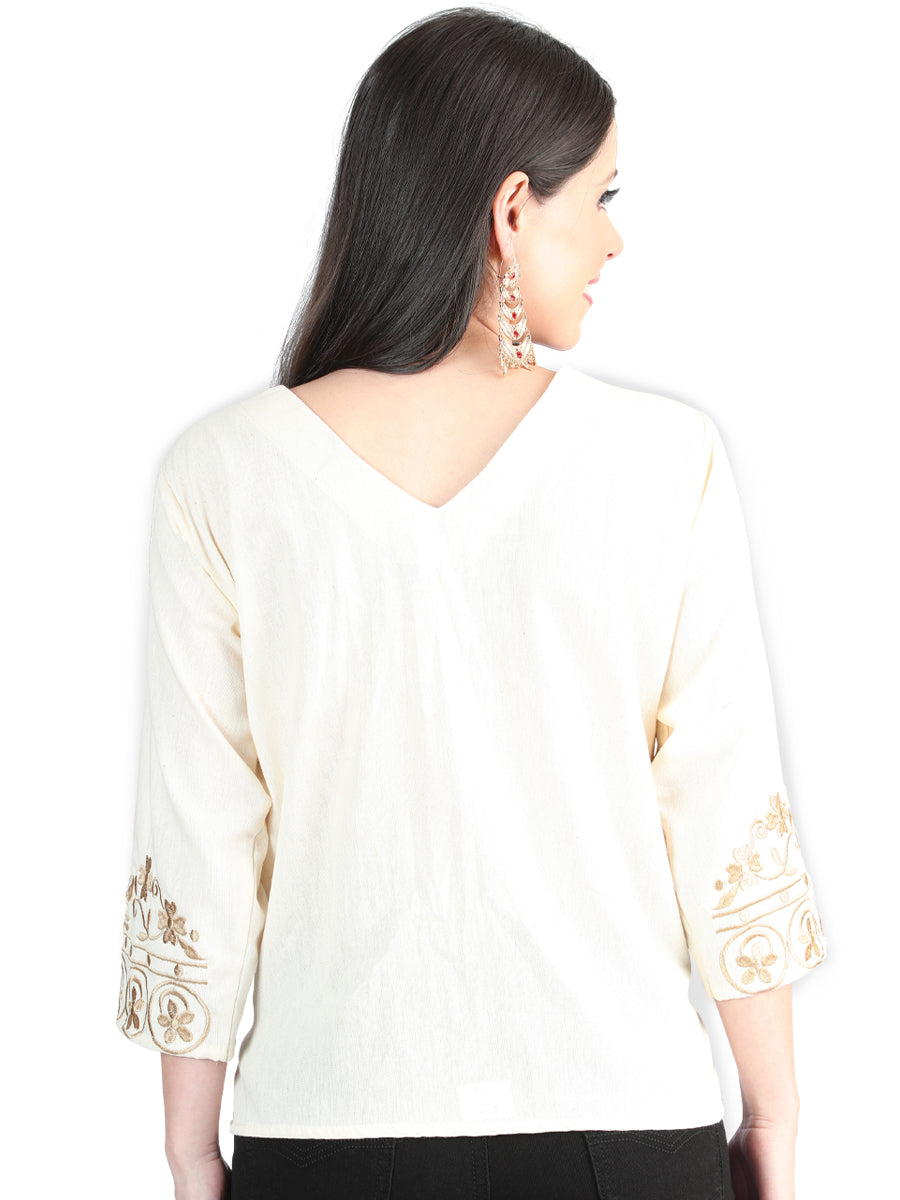Artesanal Bordado Blusa % Beige