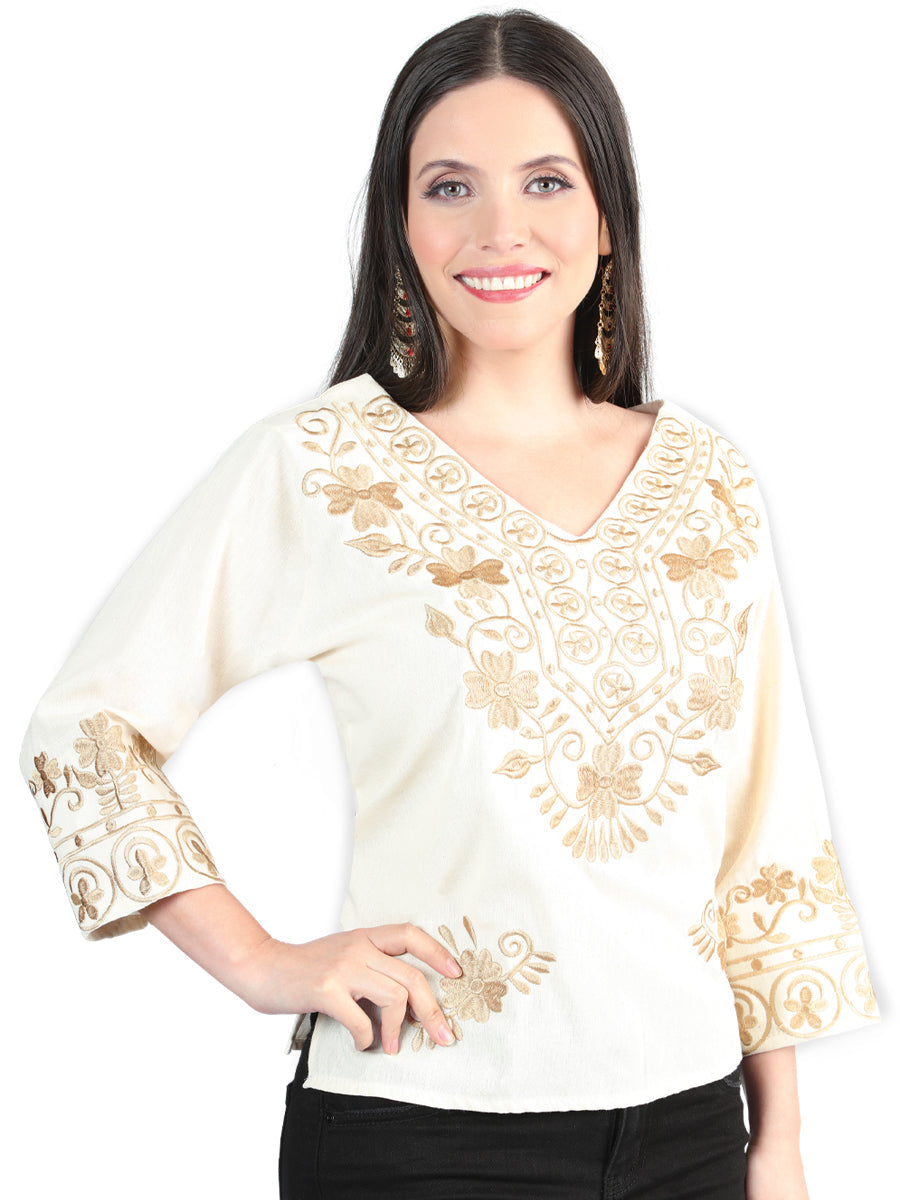 Artesanal Bordado Blusa % Beige