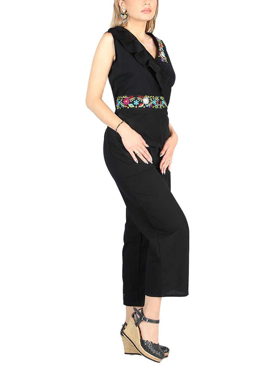 Artesanal Bordado Jumpsuit 100% Algodón Negro 604047