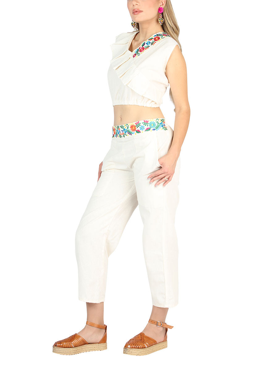 Artesanal Bordado Conjunto 100% Algodón Beige 604049