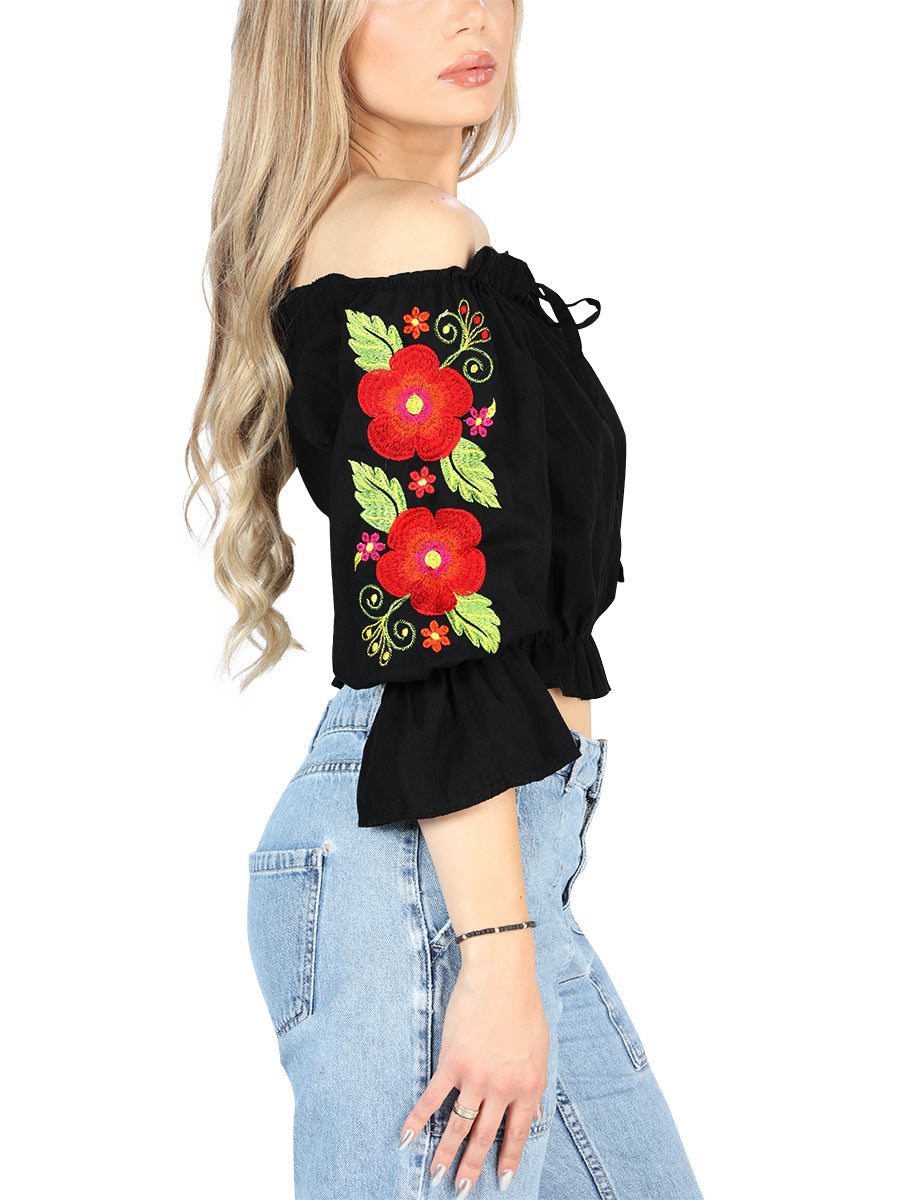 Camisa Casual de Mujer El General Bordada Charro Artesanal en 100% Algodón Color Negro 604050