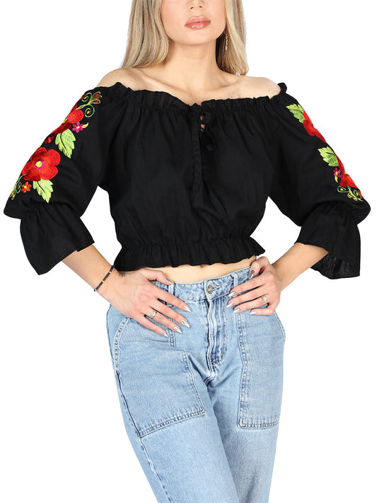 Camisa Casual de Mujer El General Bordada Charro Artesanal en 100% Algodón Color Negro 604050