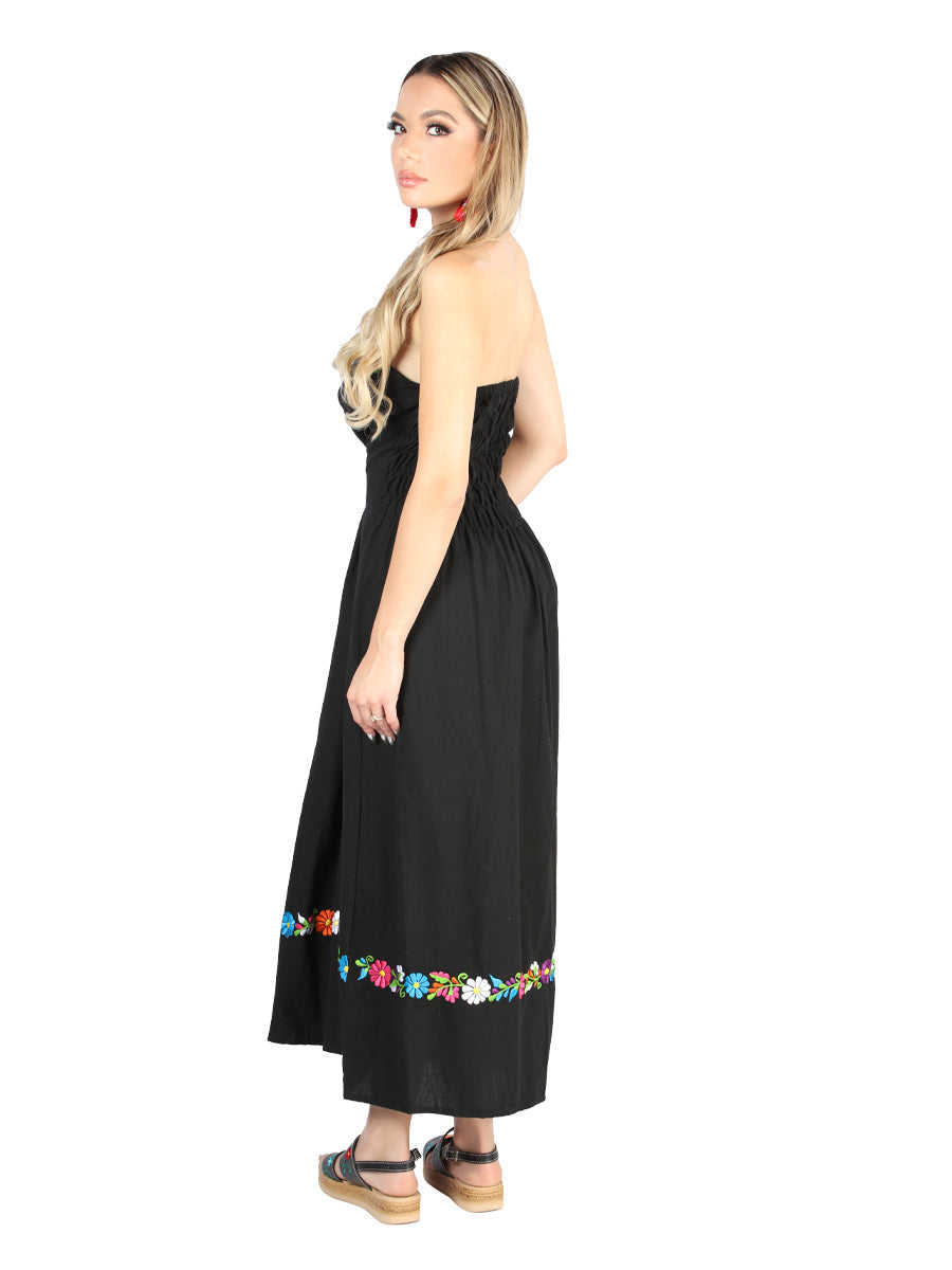 Artesanal Bordado Vestido 100% Algodón Negro 604053