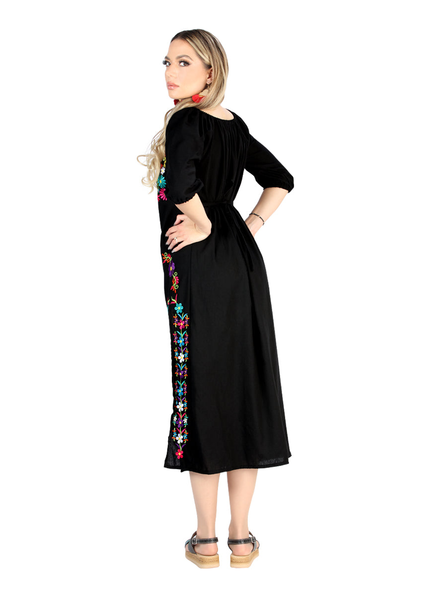 Artesanal Bordado Vestido 100% Algodón Negro 604054